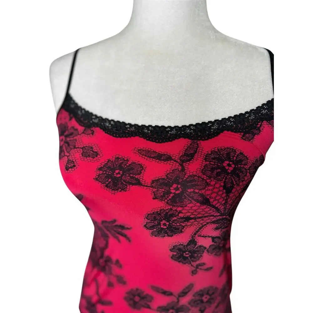 Jockey Vintage Y2K Pink Black Camisole Spaghetti Straps Sexy Lace Trim Medium